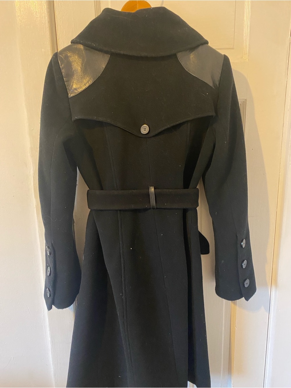 Mackage Knee-length Black Wool Coat with Leather Accents - Picture 2 of 6